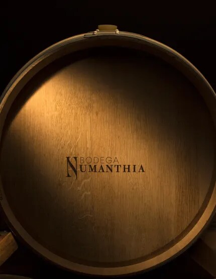 Close-up of a red wine barrel marked with Bodega Numanthia's logo, highlighting the winemaking tradition in the Toro region of Spain.