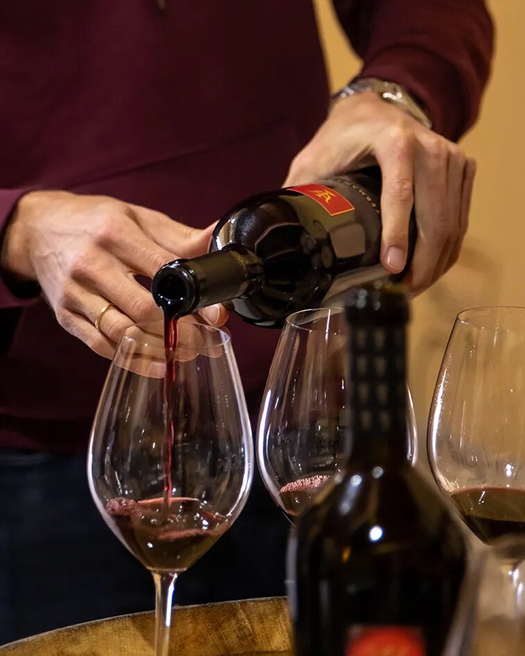 Sirviendo vino Termanthia 2016 en copas, capturando el color y la textura ricos del estimado vino tinto español de Bodega Numanthia de la región de Toro.