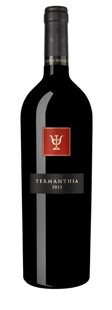 Botella de vino tinto Termanthia de Bodega Numanthia, región de Toro, España.